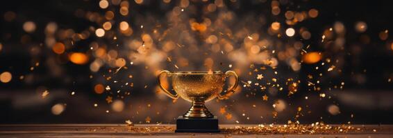 AI generated top award trophy on a wooden table photo