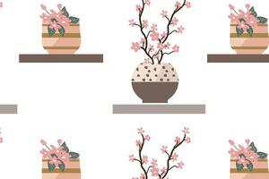 spring floral pattern with flowers and branches in pots. Vector illustration in old money style. Golden decoration on pots and spring branch and cherry flowers