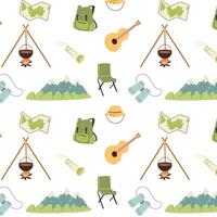 Hand drawn hiking and travel elements seamless pattern. Vector illustration can used for textile, wrapping paper, kids room wallpaper.