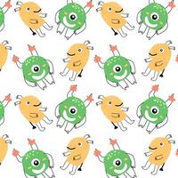 Cute green and yellow monsters seamless pattern with doodle graphic vector