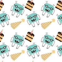 cute monster cake and cap seamless pattern vector