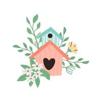 Hand drawn spring bird house in flower and branch background. Vector illustration can used for spring greeting card, summer decor. Cute birdhouse and bouquet.