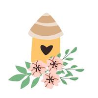 mano dibujado pájaro casa con floral elementos - flor y rama. vector ilustración lata usado para primavera o otoño tarjeta, verano decoración. linda pajarera y ramo.