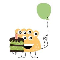 cute yellow monster with baloon and cake vector