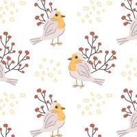Adorable robin bird with floral branch - seamless pattern. Vector illustration can use for wallpaper, poster, print. Autumn pastel colors.