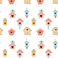 Hand drawn different spring birdhouse pattern with floral elements. Vector illustration isolated. Can used for wrapping paper, textile, clothes. greeting card, wallpapers.