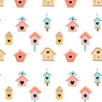 Hand drawn different spring birdhouse pattern with floral elements. Vector illustration isolated. Can used for wrapping paper, textile, clothes. greeting card, wallpapers.