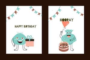 Set of poster card with cute monsters for party vector