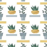 scandinavian houseplant succulent crassula and mother low in tongue in pot, simple shapes seamless pattern. Vector illustration of succulent flower in decorative pot. Modern home plants background.