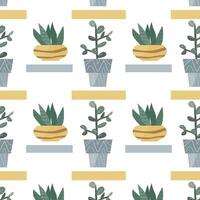 scandinavian houseplant succulent crassula and mother low in tongue in pot, simple shapes seamless pattern. Vector illustration of succulent flower in decorative pot. Modern home plants background.