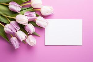 ai generado blanco letra y tulipanes en púrpura pantalla foto