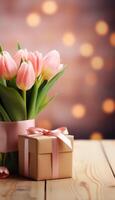 AI generated tulips and a gift on a wooden table with pink photo