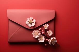 AI generated red envelope and flowers on a pink background photo