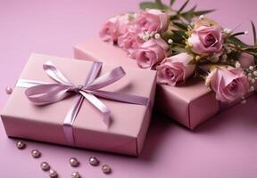 AI generated two bouquets, present boxes and a flower on pink background photo