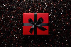 AI generated top view of black box with red box as decoration on a red background with glitter photo