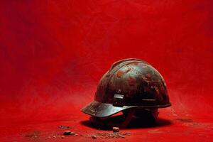 AI generated Old worn military helmet on red surface photo