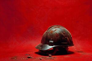 AI generated Old worn military helmet on red surface photo