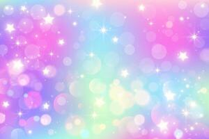 Rainbow gradient sky background. Unicorn space with glitter and stars. Holographic mermaid magic texture with bokeh. Vector wallpaper