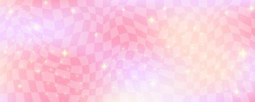 Checkerboard wavy pattern. Retro warp chessboard with gradient texture. Y2k abstract background with stars and sparkles. Vector pink distort wallpaper