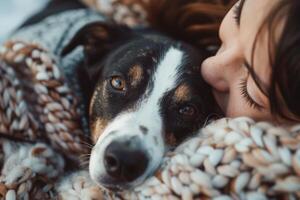 ai generado un mujer pacíficamente tendido en un cobija siguiente a un leal perro, disfrutando un calma momento de relajación juntos. foto