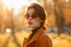 ai generado un elegante mujer vistiendo un marrón Saco y Gafas de sol exuda confianza y sofisticación en un ciudad calle. foto