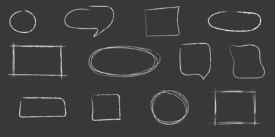 Set of hand drawn blank textbox for selecting text. Isolated vector charcoal crayon emphasis white frames on black background. Doodle empty speech bubbles