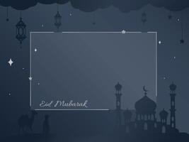 Eid Mubarak night view background with lanterns, camel and mosque. Vector copy space card, invitation, greeting, banner