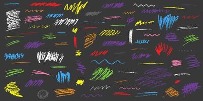 Hand drawn Charcoal scribbles and underlines. Color Grunge pen crayon pencil collection. Hand drawn bright elements vector set on black background