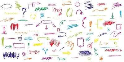 Charcoal pencil scribbles collection. Hand drawn Vector lines, arrows, frames, underlines and doodles. Bright color drawing