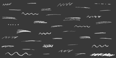 White charcoal crayon underlines set. Doodle lines with grunge pastel texture. Hand drawn chalk scribbles. Vector elements isolated on a black background