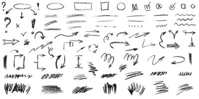 Hand drawn Charcoal elements Vector set for notes on white background. Doodle curved lines, underline, smears, pointers and arrows. Pencil line, crayon stroke, mark sketch, chalk doodle