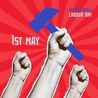Labour day square card with halftone collage hand holding hammer with raised fists isolated on red background. Vintage vector editable. 1st May