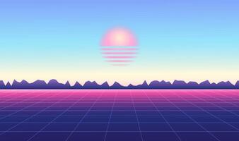 Abstract vaporwave landscape with sun rising over mountains silhouette and on calm soft pink and blue day background. Vintage vector illustration.