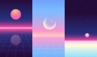 Trendy Retro 80s, 90s backgrounds set with laser grid, space, sum and moon. Neon sci-fi abstract backdrop templates collection. Vector illustration