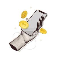 Trendy Halftone Collage Hand with Phone and Floating Coins. Online Payment concept. Financial planning Metaphor . Save money composition. Earn and pay concept on Transparent background. Vector 3d art