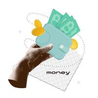 Collage with halftone hand holding wallet with banknotes and coins. Payments metaphor concept finance-themed, banner with purse and money. Cutouts paper magazine with 3d elements. Vector illustration