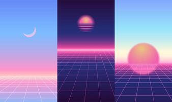 Neon light grid landscapes set. Futurism vertical Retrowave, synthwave, rave, vapor wave party backgrounds collection. Retro, vintage 80s, 90s style. Purple, pink, blue colors. Vector illustration.