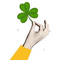 Vintage halftone collage hand holding clover leaf. Female torn out paper arm with green shamrock, luck and success symbol. Vector cartoon realistic illustration isolated. St. Patrick banner template