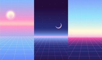 Vintage 80s synthwave grid landscapes set with lighting horizon and sun and moon in space. Retro space backgrounds collection. vector illustration.