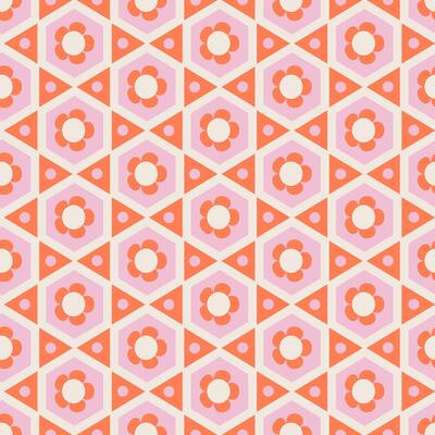 70s colorful retro vintage mid century Modern geometric floral seamless pattern with daisy flowers and hexagonal tile. Flat vector illustration.