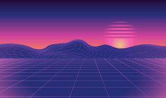 futurista retro paisaje con plano cuadrícula y montañas. vector futurista ilustración en retro Años 80 estilo. digital retro ciber superficie. adecuado para diseño en el estilo de el 1980