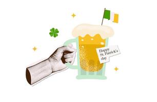 Happy Saint Patrick's day halftone collage. Beer mug in hand. Festive Irish element. Glass of beer with thick foam and Irish flag. Bar theme, Oktoberfest and St Patrick's day. Vector flat illustration