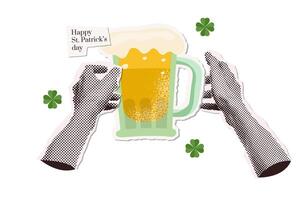 Trendy Saint Patrick's day banner with Halftone hand holding beer mug. Nostalgia paper collage art with flat shamrock elements. Retro Patrick day Poster for Social Media or ad. Vector illustration.