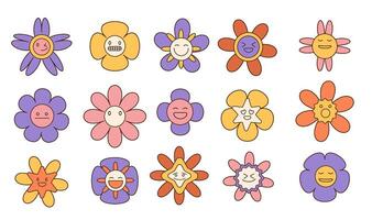 Groovy flower cartoon characters set. Funny happy daisy with linear eyes and smile. Sticker pack in trendy retro trippy style. Isolated vector illustration. Hippie 60s, 70s style.