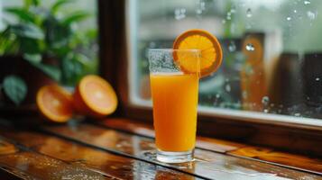 AI generated Glass of orange juice with a slice garnish photo