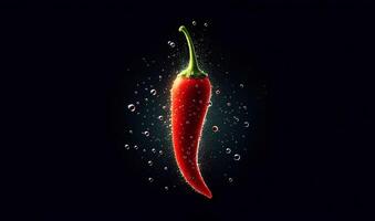 AI generated red chilies floating in the water, on a dark background photo