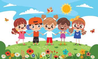 Cartoon Multicultural Kids Holding Hands vector