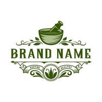 pharmacy vintage logo. mortar and pestle concept for drugstore, medical, therapeutic care, and more. vector