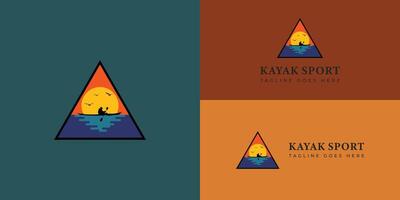 Clásico kayac aventuras sello logo en triángulo forma aplicado para comunidad logo diseño inspiración. kayac y canoa, vacaciones alquiler logo diseño, al aire libre logo, y paisaje vector