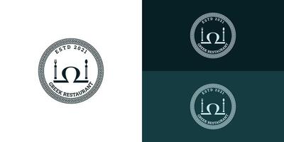 Vintage Deep Green Greek Restaurant Logo with Ancient pillar column, Laurel Wreath, and border pattern ornament logo in deep green color presented with multiple white and deep green background colors. vector